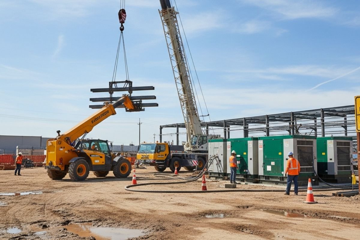 Chantier avec grues et engins de levage